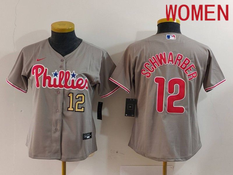 Women Philadelphia Phillies #12 Schwarber Grey Game 2024 Nike MLB Jersey style 1->women mlb jersey->Women Jersey